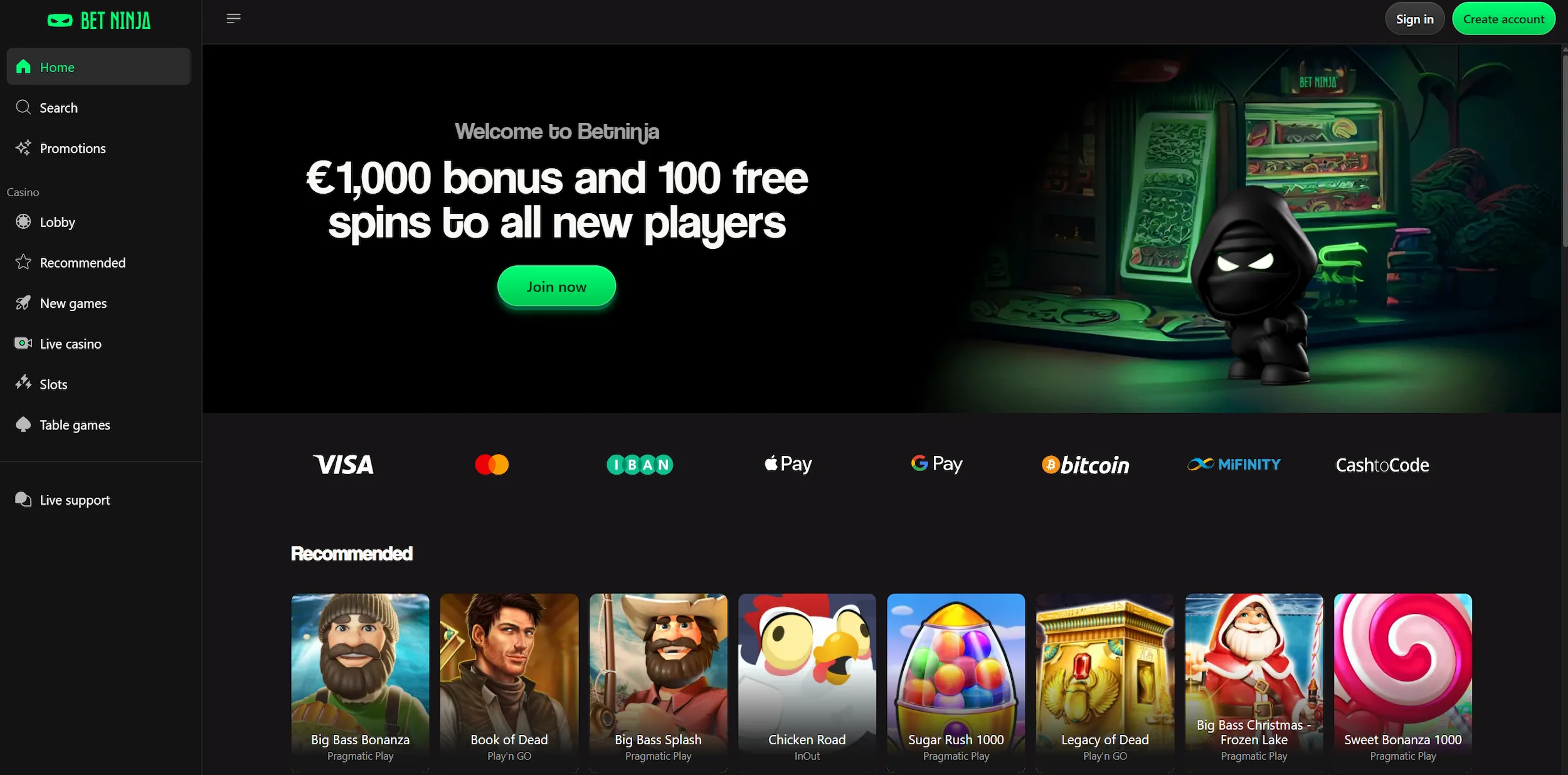BetNinja casino homepage showilg welcome offer, recommended online pokies and site navigation