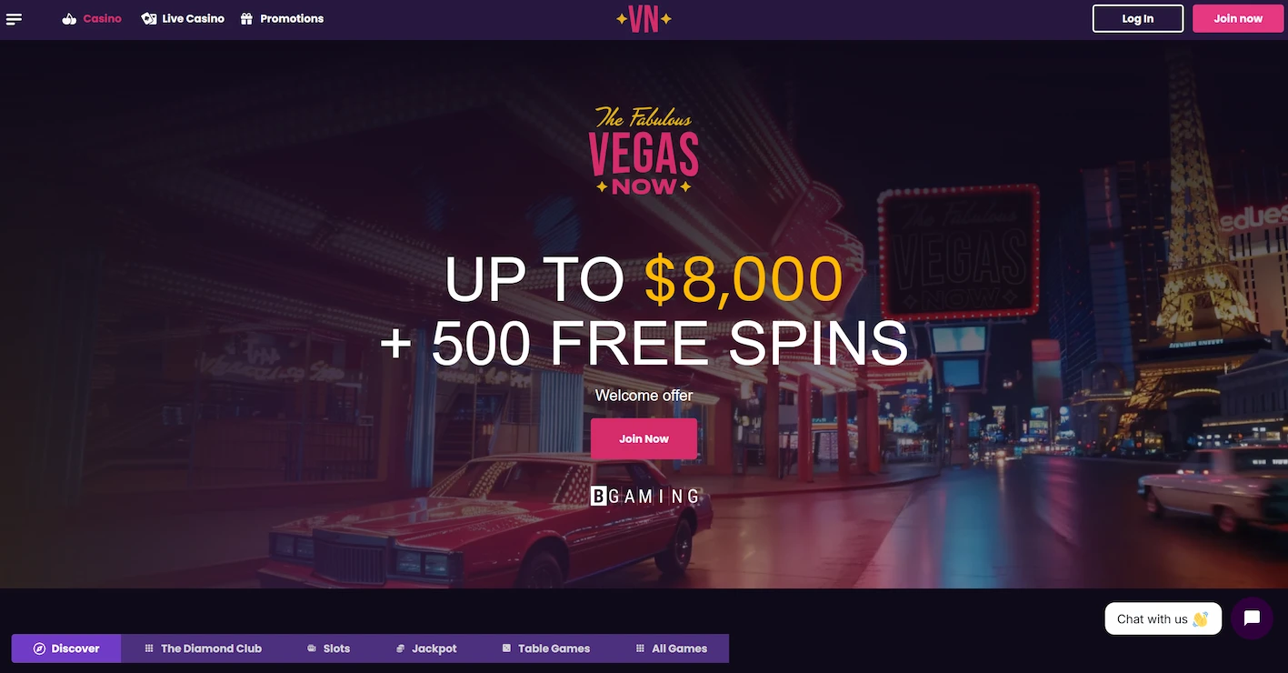 VegasNow casino homepage displaying welcome offer and site navigation